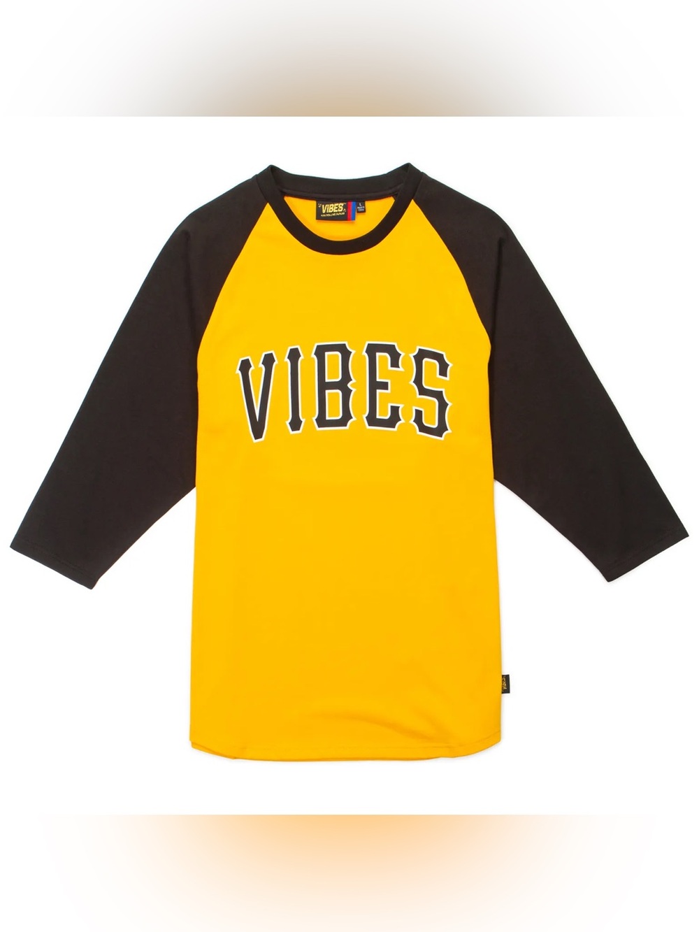 NWT- Vibes Fine Rolling Papers Raglan Tee in Yellow and Black with VIBES Graphic